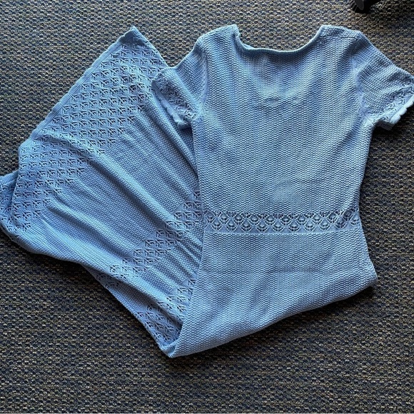 Absolutely Famous Light Blue Short Sleeve Knit Crochet Maxi Bodycon Dress - Picture 3 of 10